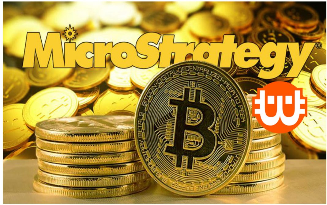 MicroStrategy logó és egy bitcoin logó a képen