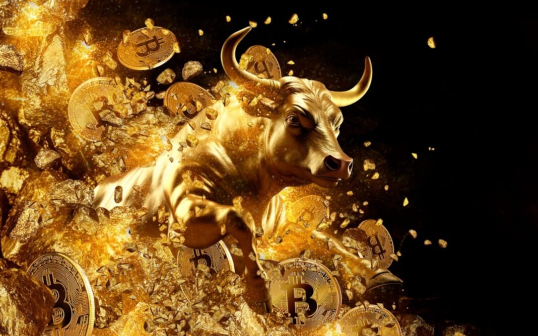 egy bika, amely tüzes bitcoinérmék közül ugrik elő