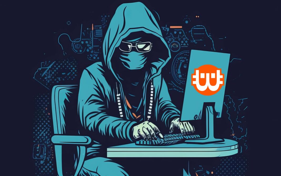WazirX hacker ül képernyő előtt maszkban, napszeüvegben, gépel a billentyűzeten, rajz