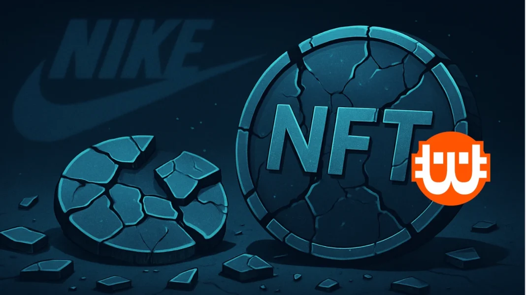 Törött NFT tokenek digitális háttérrel és halvány Nike logóval