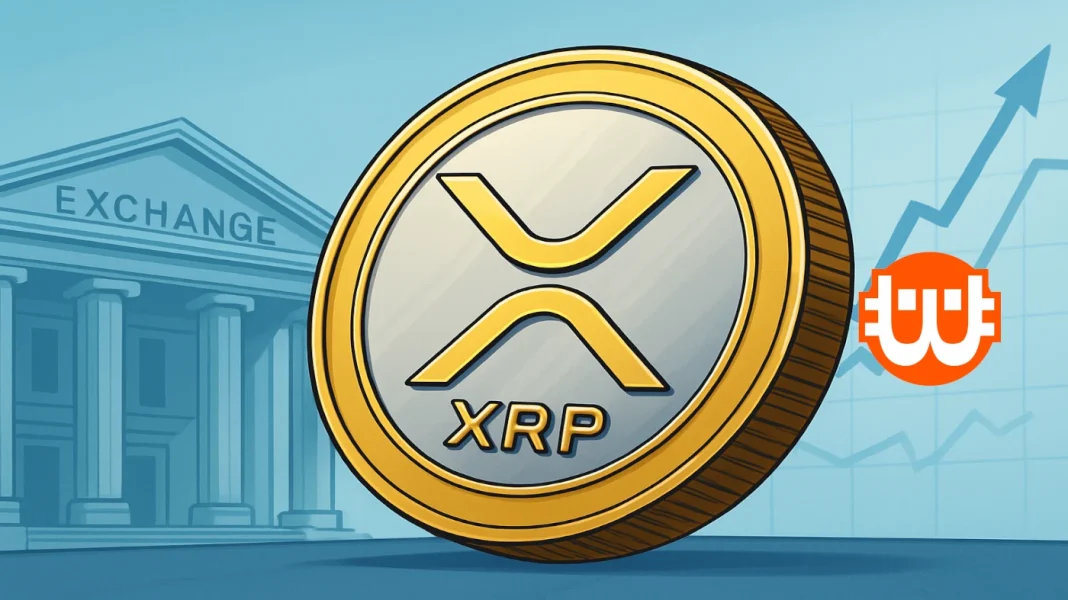 XRP érme kiemelkedő helyen, tőzsdei háttérrel, ETF hír témában