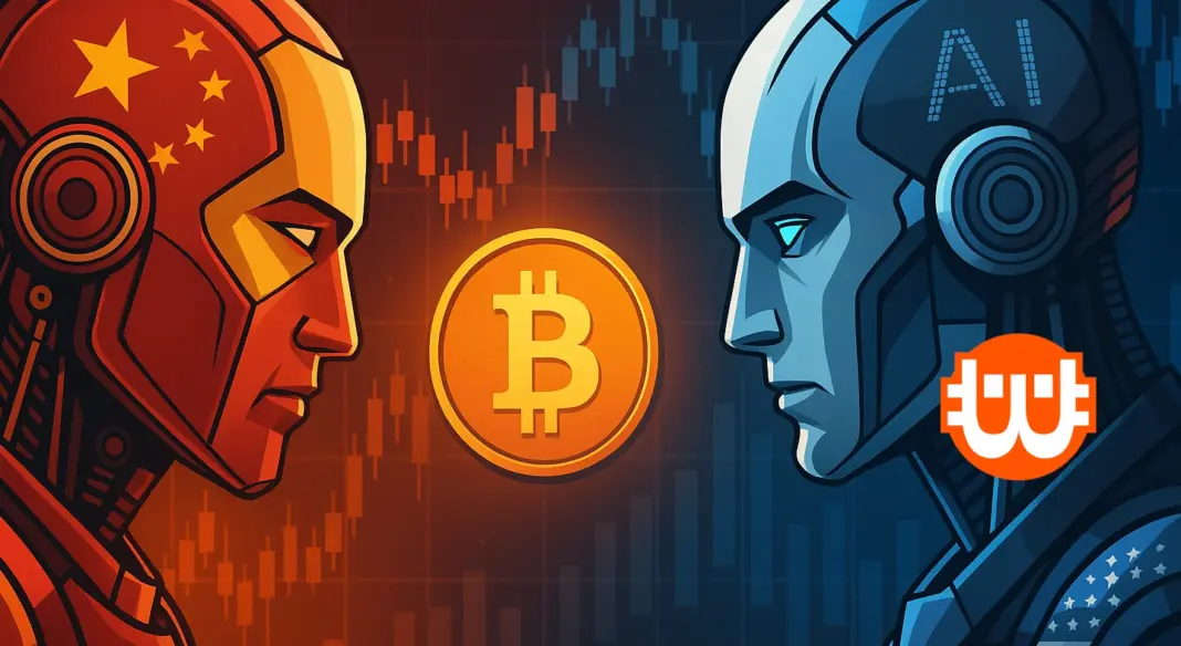 Kínai és amerikai AI-modellek versenye a kriptokereskedelemben, középen lebegő Bitcoin-szimbólummal