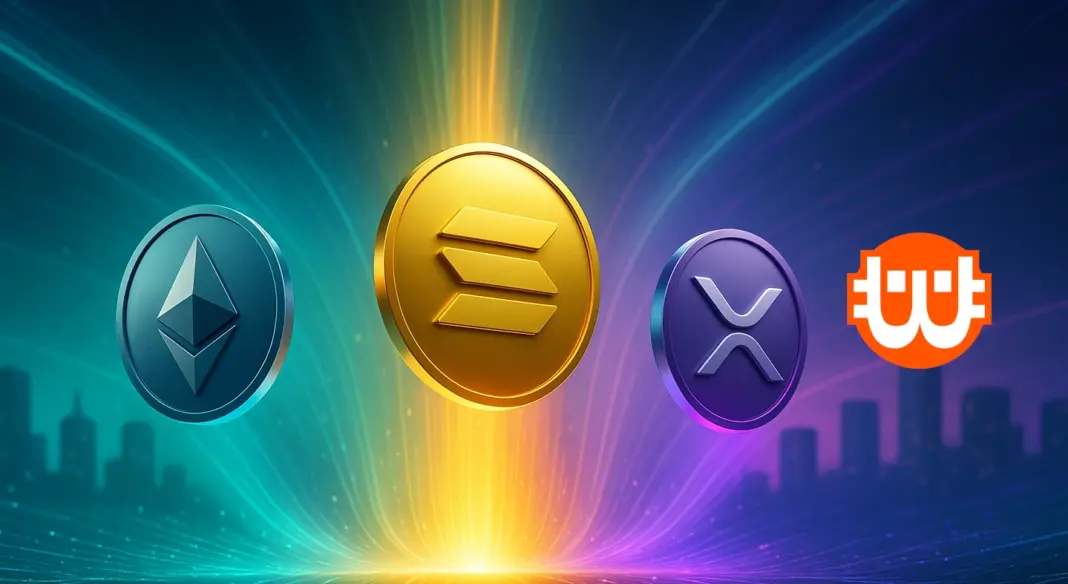 Ethereum, Solana és XRP érmék lebegnek fényárban egy digitális háló felett