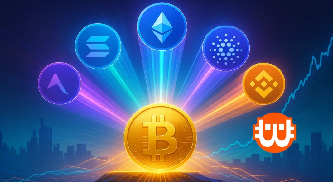 Az altcoin-szezon kezdetét szimbolizáló kép: öt altcoin