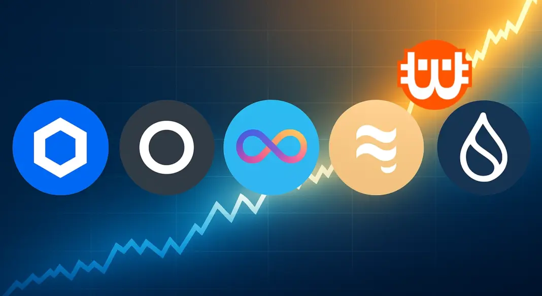 Öt ígéretes altcoin logója (LINK, ONDO, ICP, SEI, SUI) emelkedő grafikon előtt, a novemberi bikapiac szimbólumaként