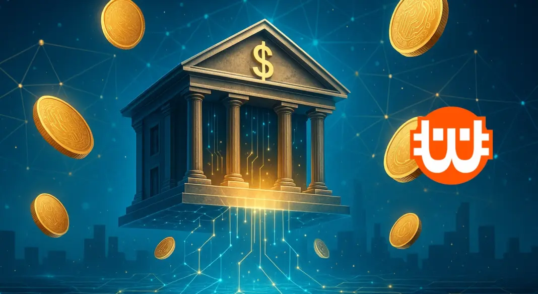 Egy lebegő, klasszikus banképületből aranyló tokenek és kék adatáramok áramlanak ki, jelképezve a bankrendszer és a blokklánc-technológia összeolvadását