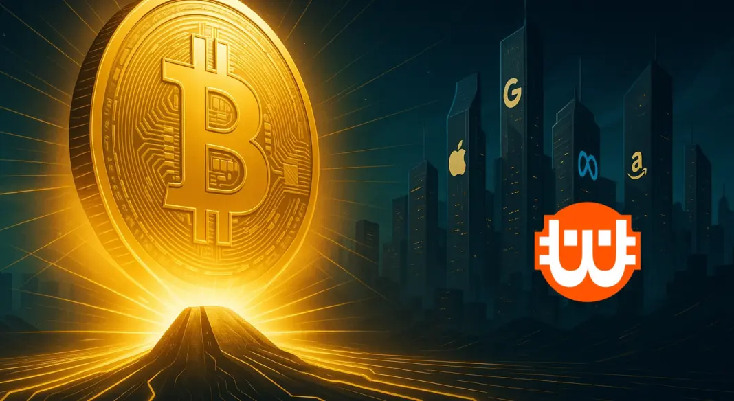 Egy hatalmas aranyló Bitcoin közeledik egy futurisztikus városhoz,