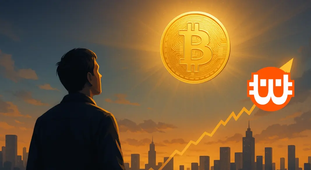 Egy férfi néz fel egy hatalmas, aranyló Bitcoinra, amely a város fölött ragyog