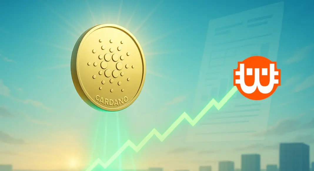 Aranyló Cardano (ADA) érme emelkedik egy zöld, felfelé ívelő grafikon fölött, a háttérben napfelkelte és pénzügyi növekedést jelképező városi sziluett látható