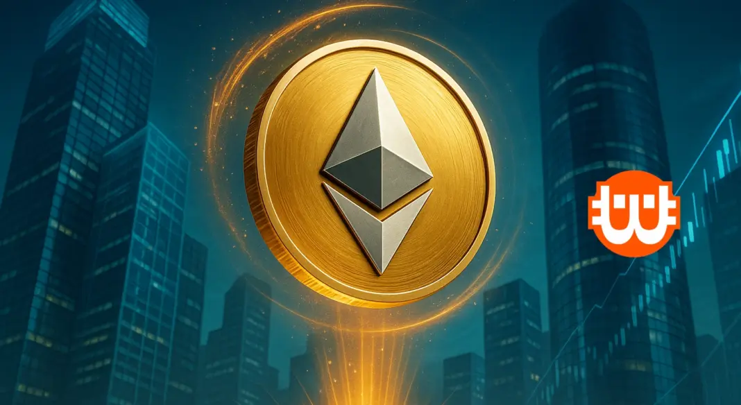 Egy aranyló Ethereum-érme lebeg modern felhőkarcolók előtt