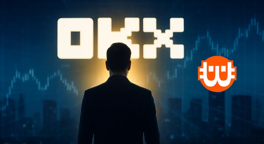 Egy öltönyös férfi áll a fénylő OKX-logó előtt