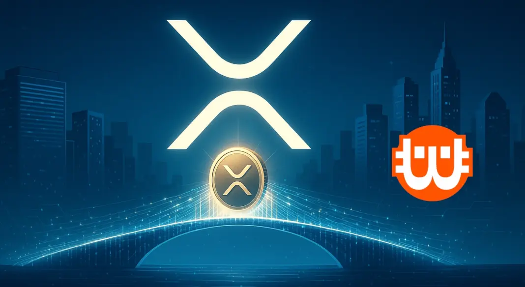 Az XRP-logó fénylő digitális hídként köti össze két modern város sziluettjét